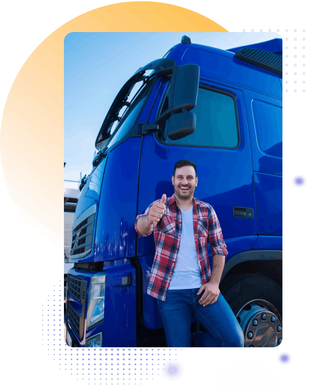 Happy man showing OK leaning on a blue truck