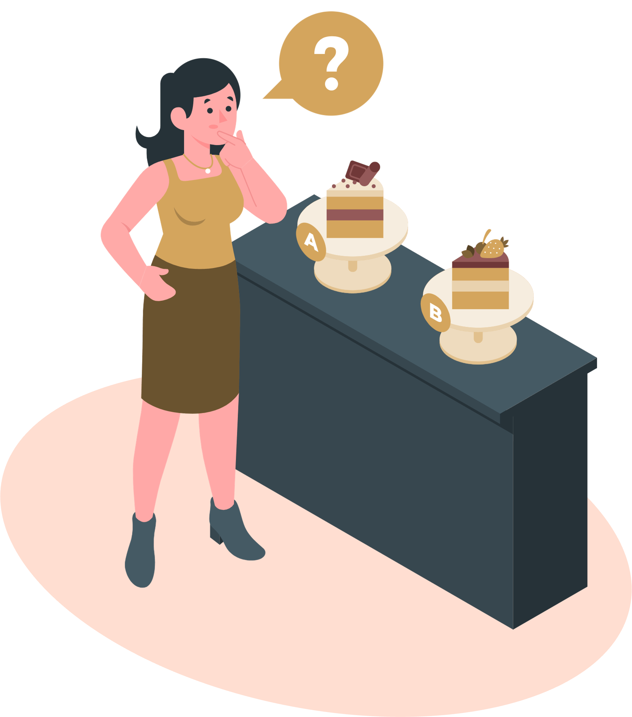 Une femme hésitant entre deux gâteaux presque identiques
