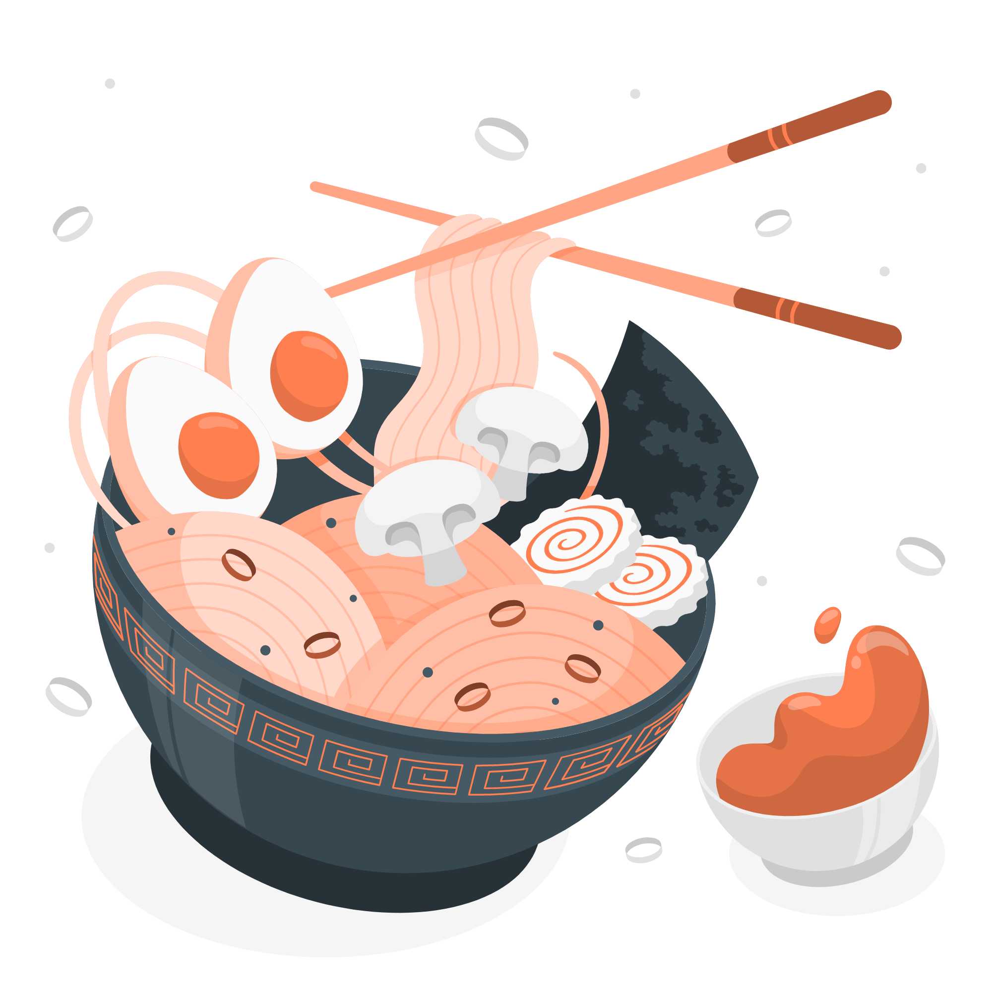 Un bol de ramen appétissants en mouvement avec un pot de sauce et des baguettes à côté