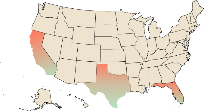 Map of Leda Locations in California, Florida and Texas