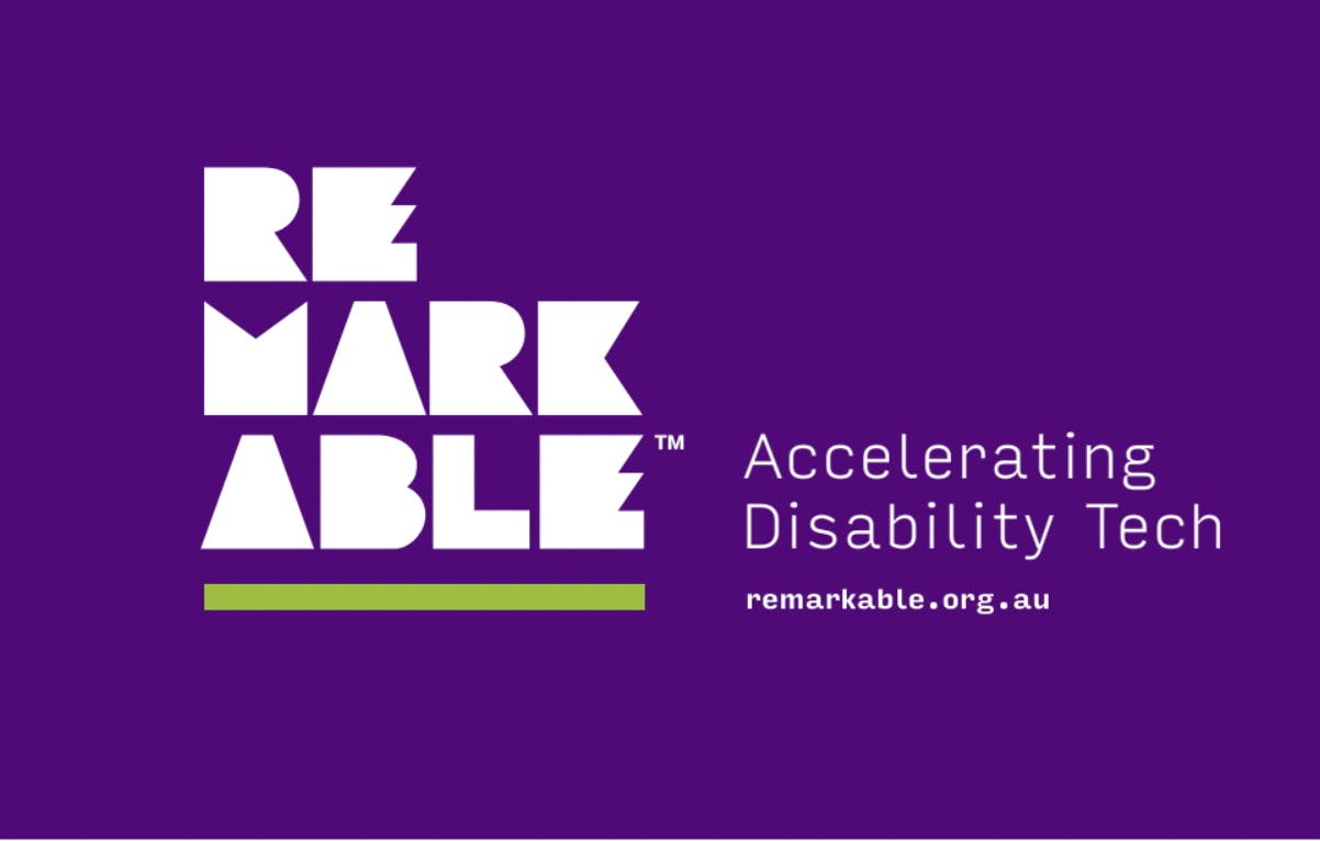 Remarkable Accelerating Disability Tech remarkable.org.au. White letter text on a purple background.  