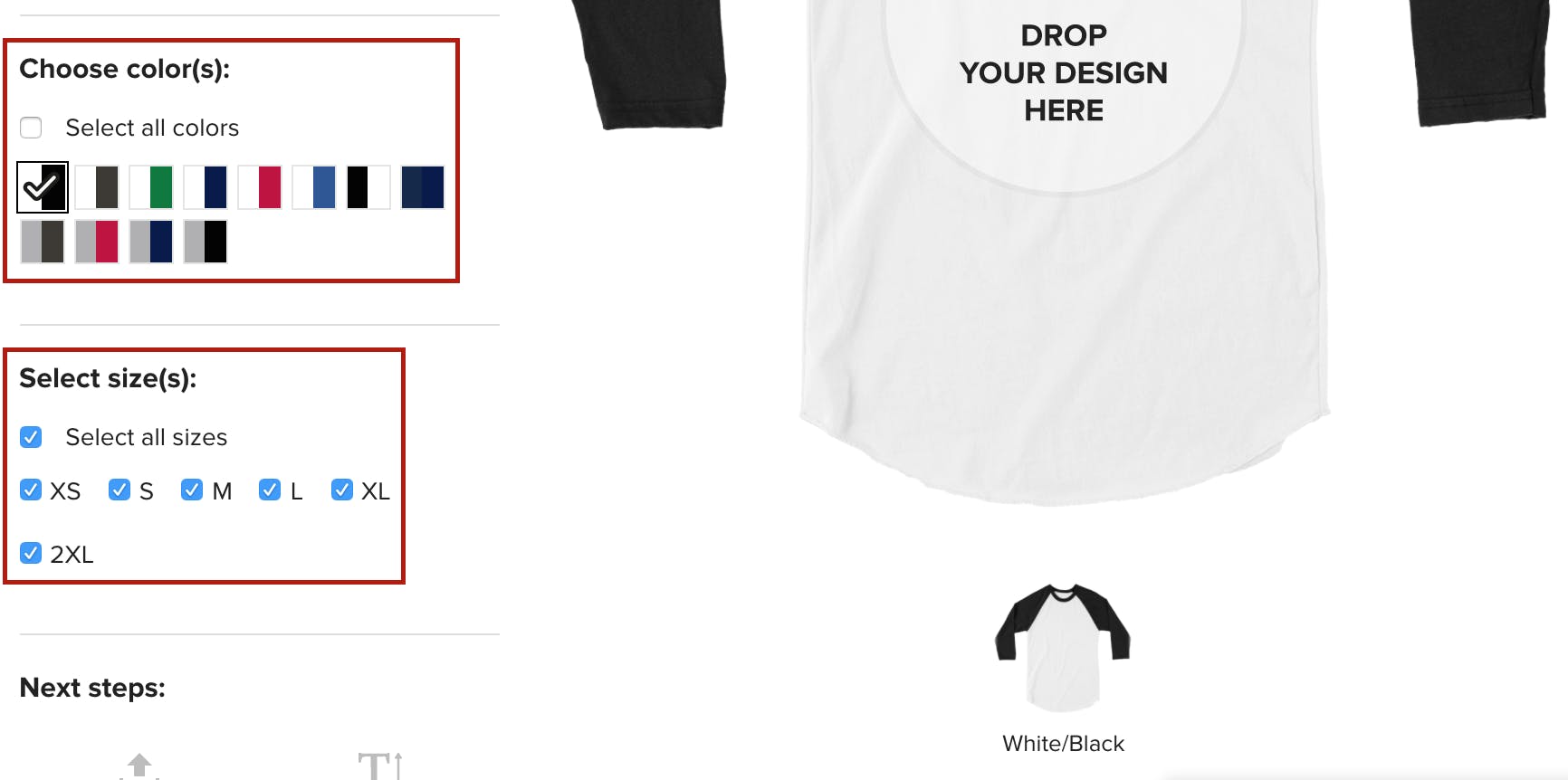 choose colors and sizes Printful