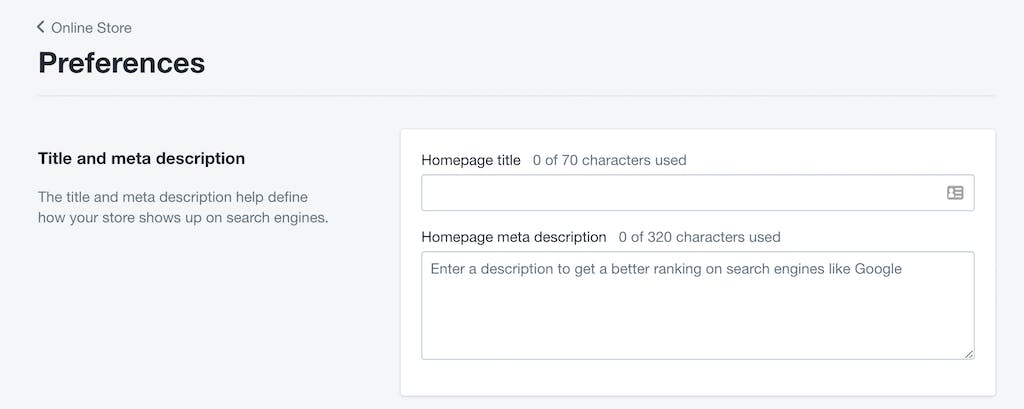 title and meta description Shopify