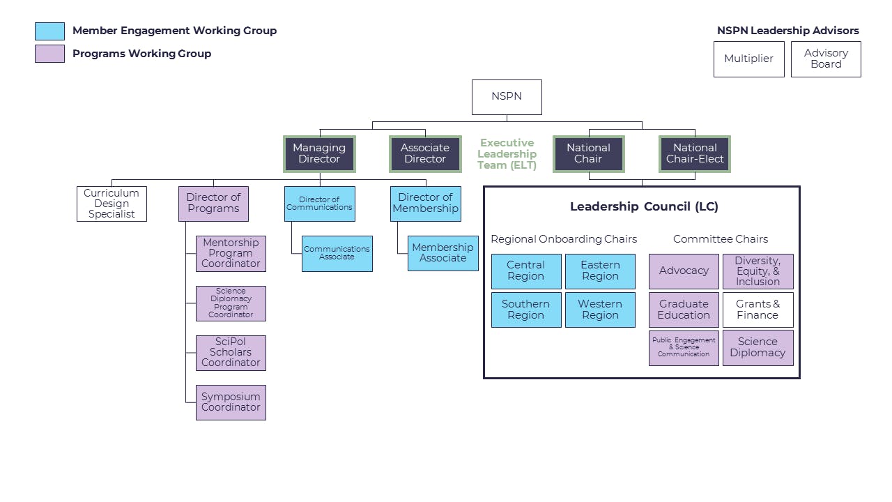 NSPN Organizational Chart including the executive leadership team (dark purple), staff (left), and the elected leadership council (box on the right)