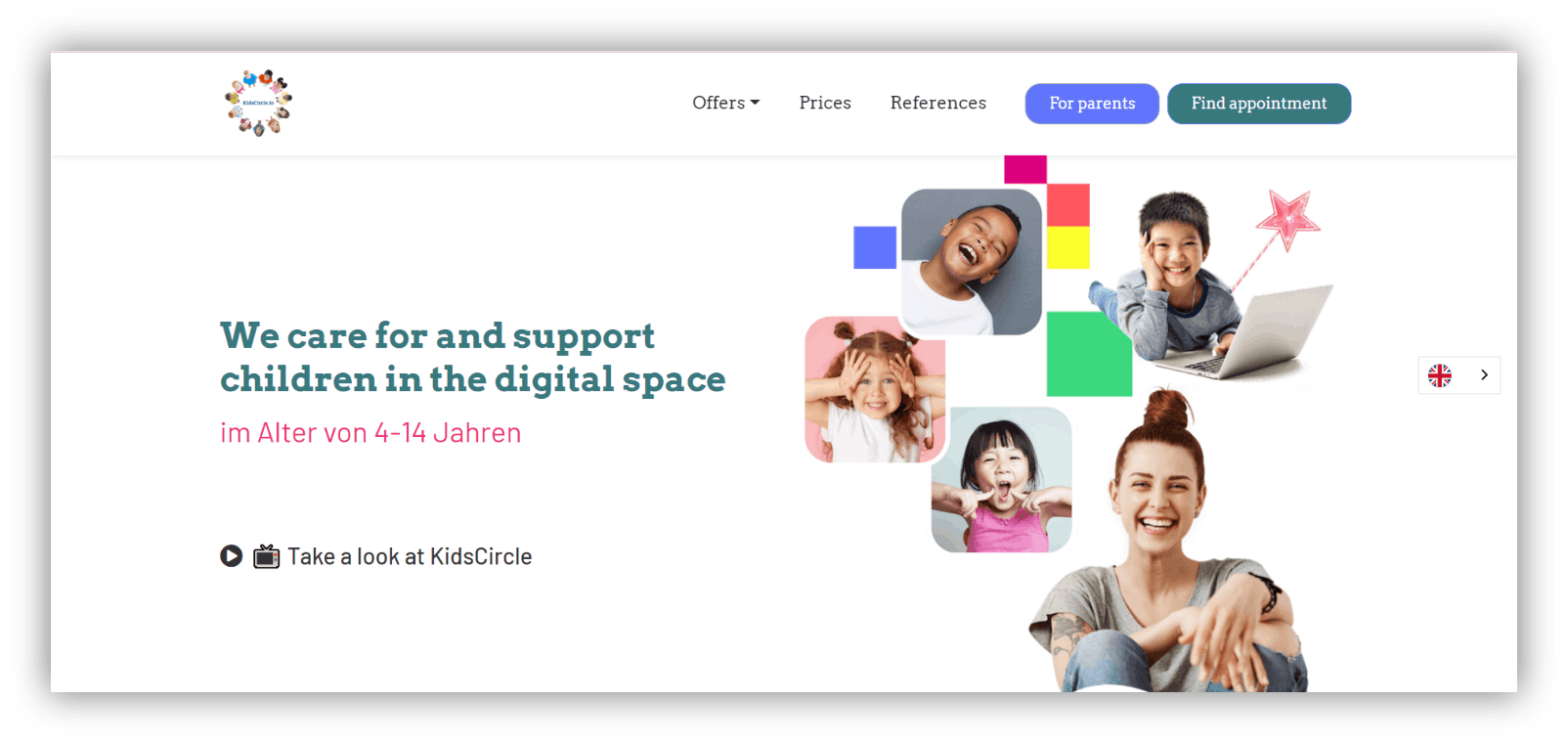 Kidscirlce an online B2C service marketplace, homepage