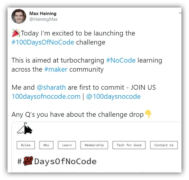 max's tweet about launching his no-code community