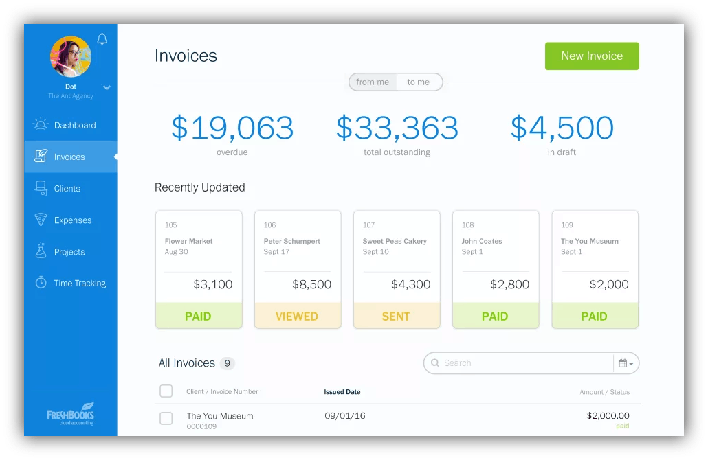 client dashboard example by freshbooks
