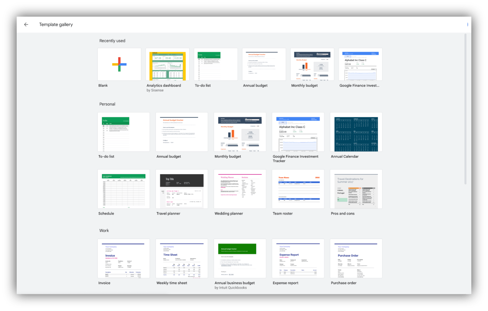 Screenshot of Google Sheets’ templates