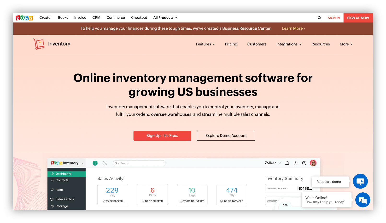 zoho inventory homepage