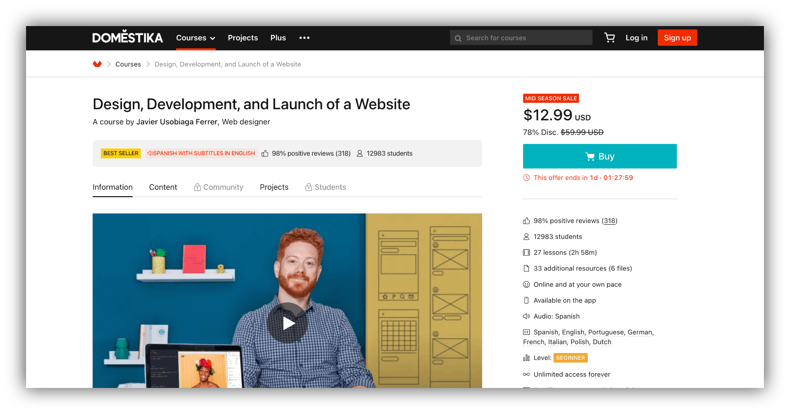 domestika's web design course home page