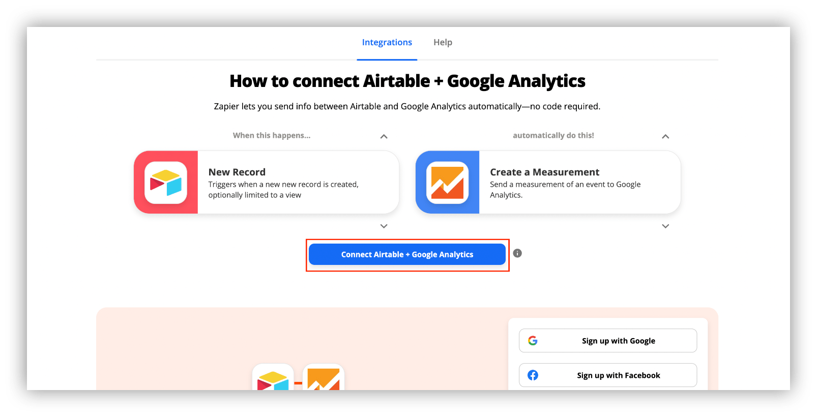 Airtable x Google Analytics Zapier landing page