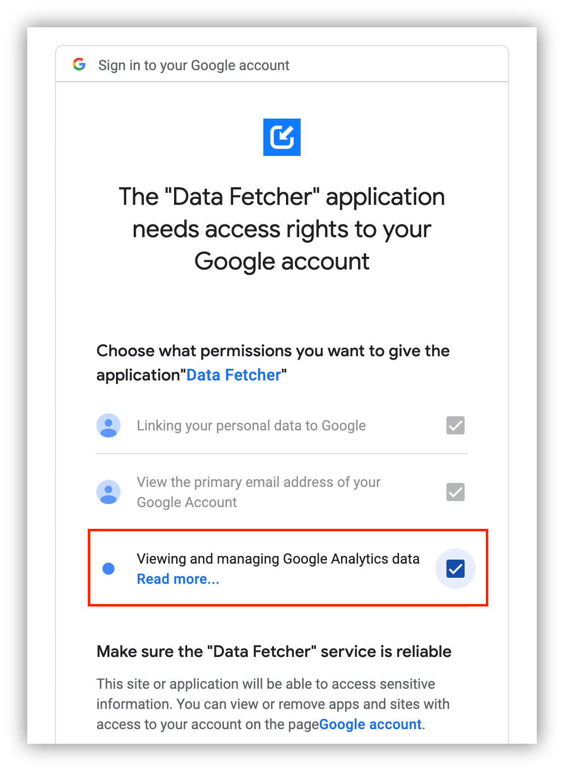 Allowing Data Fetcher to view and manage your GA data