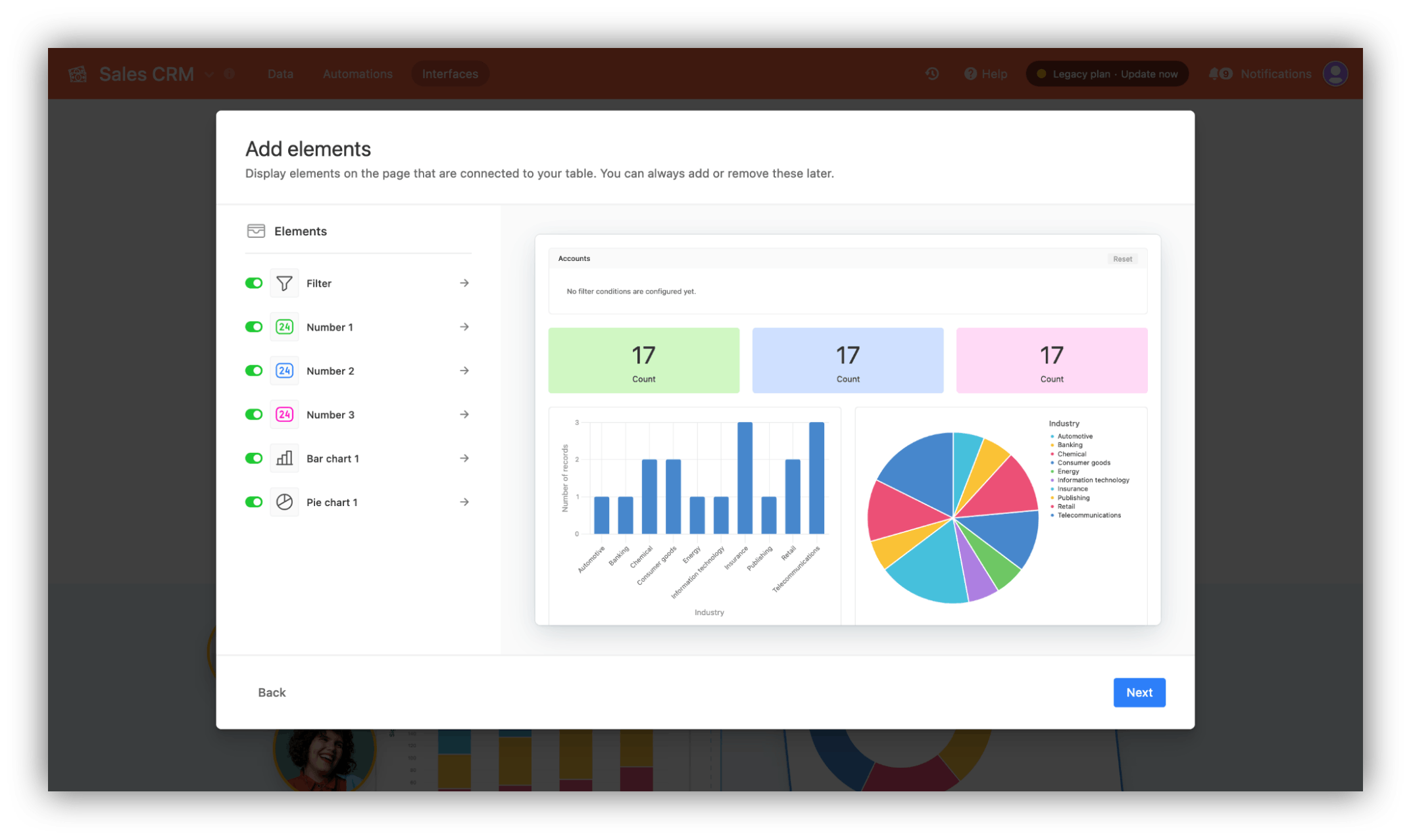 Select which elements you want in your dashboard