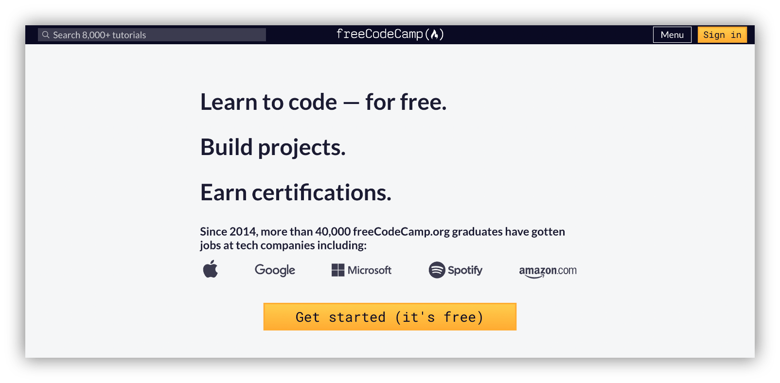 freecodecamp learning resource homepage