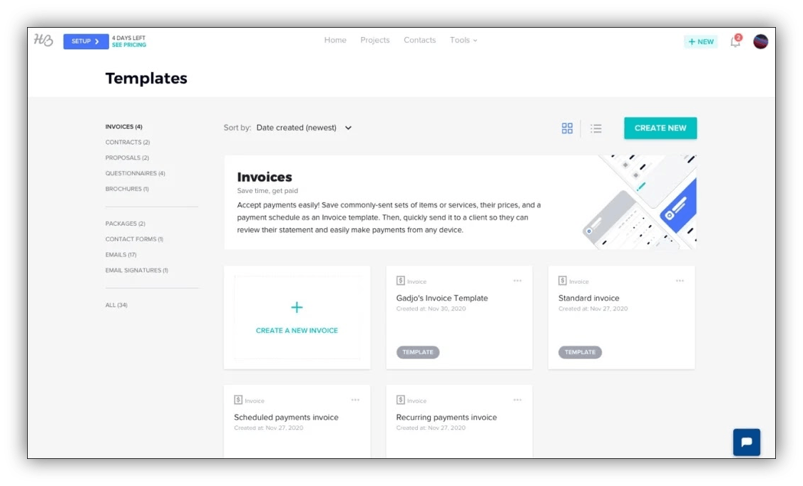 Honeybook offers a variety of ready-to-use invoice templates