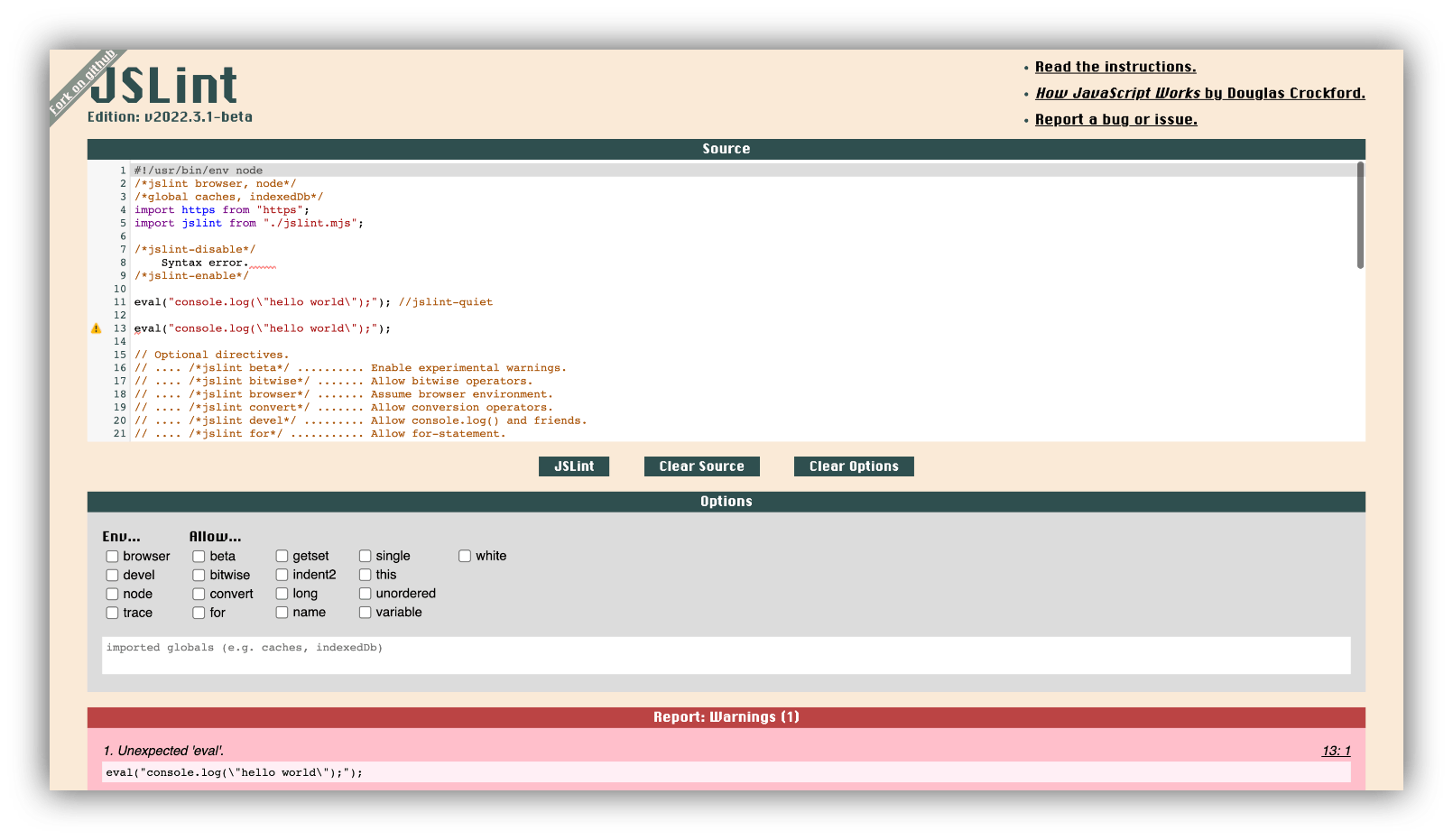 JSLint code validator homepage