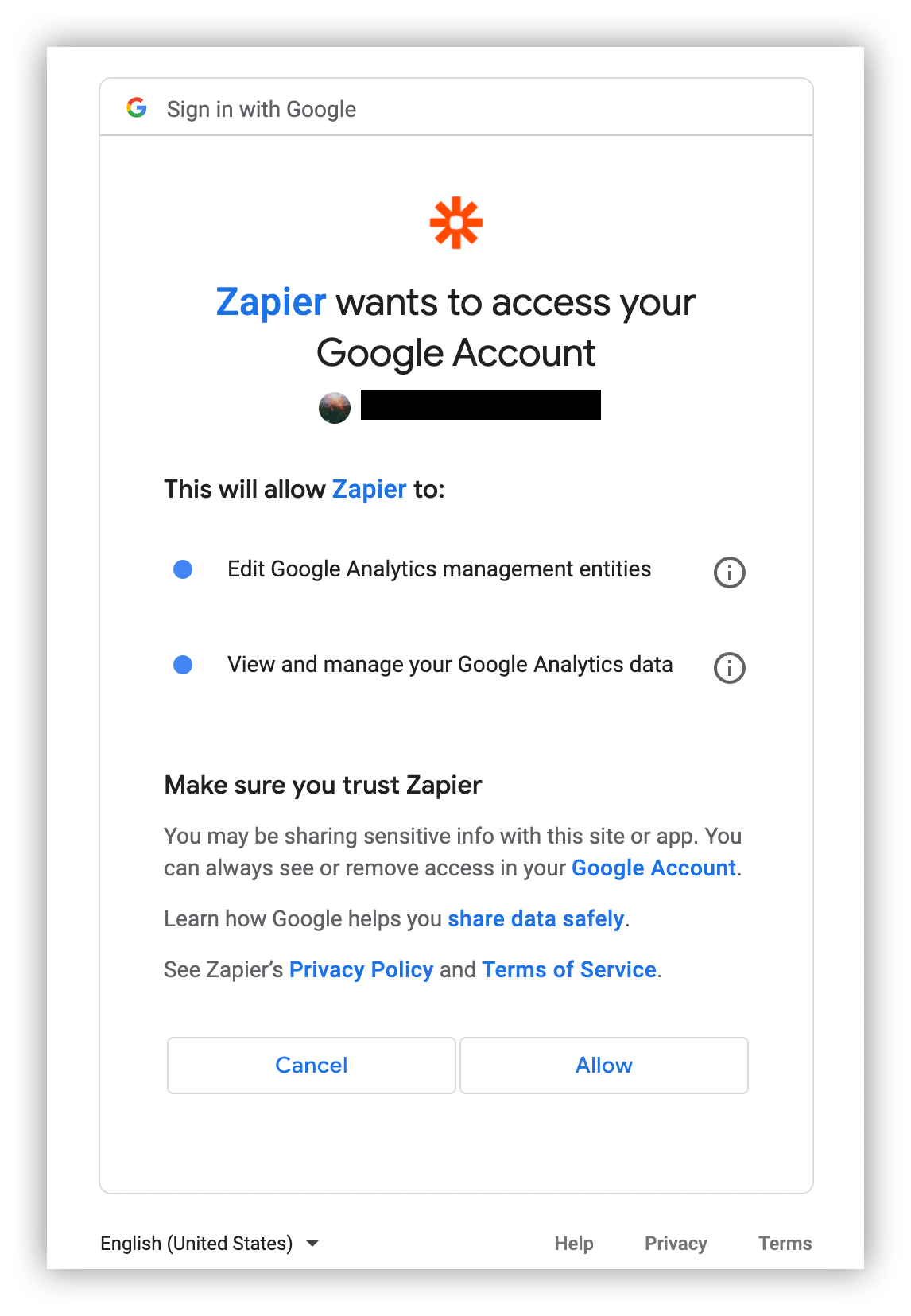Allow Zapier to view your GA data