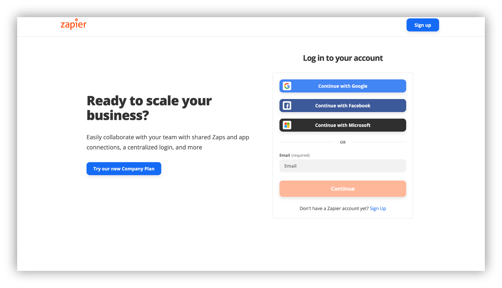 sign in/ sign up to zapier