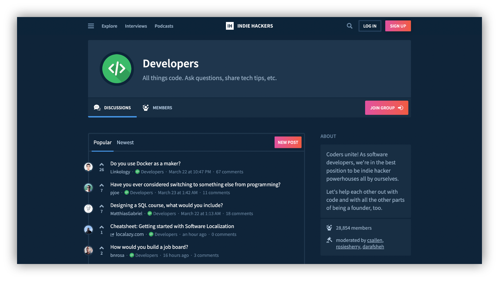 indiehackers community homepage