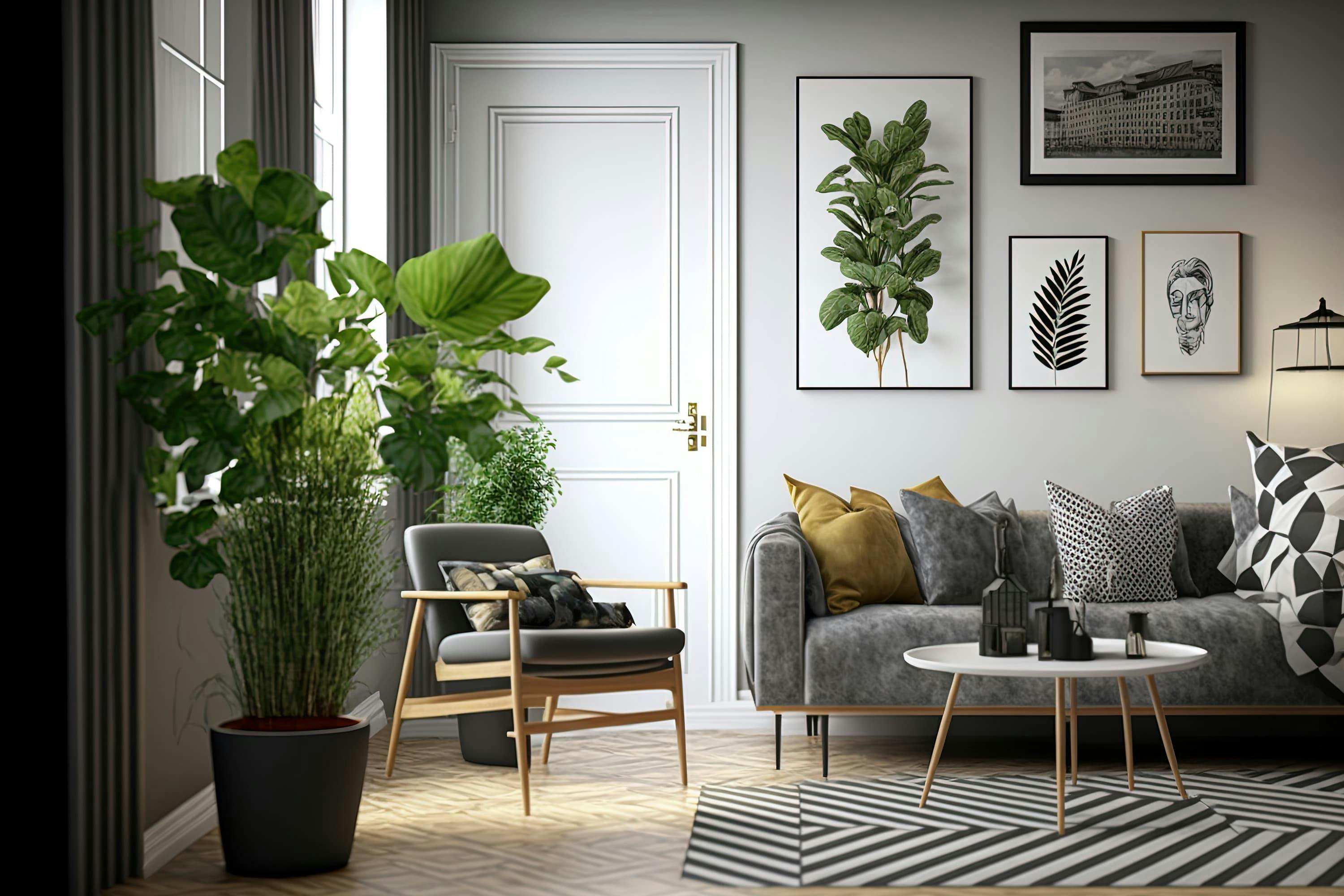 Salon avec canapé et plantes
