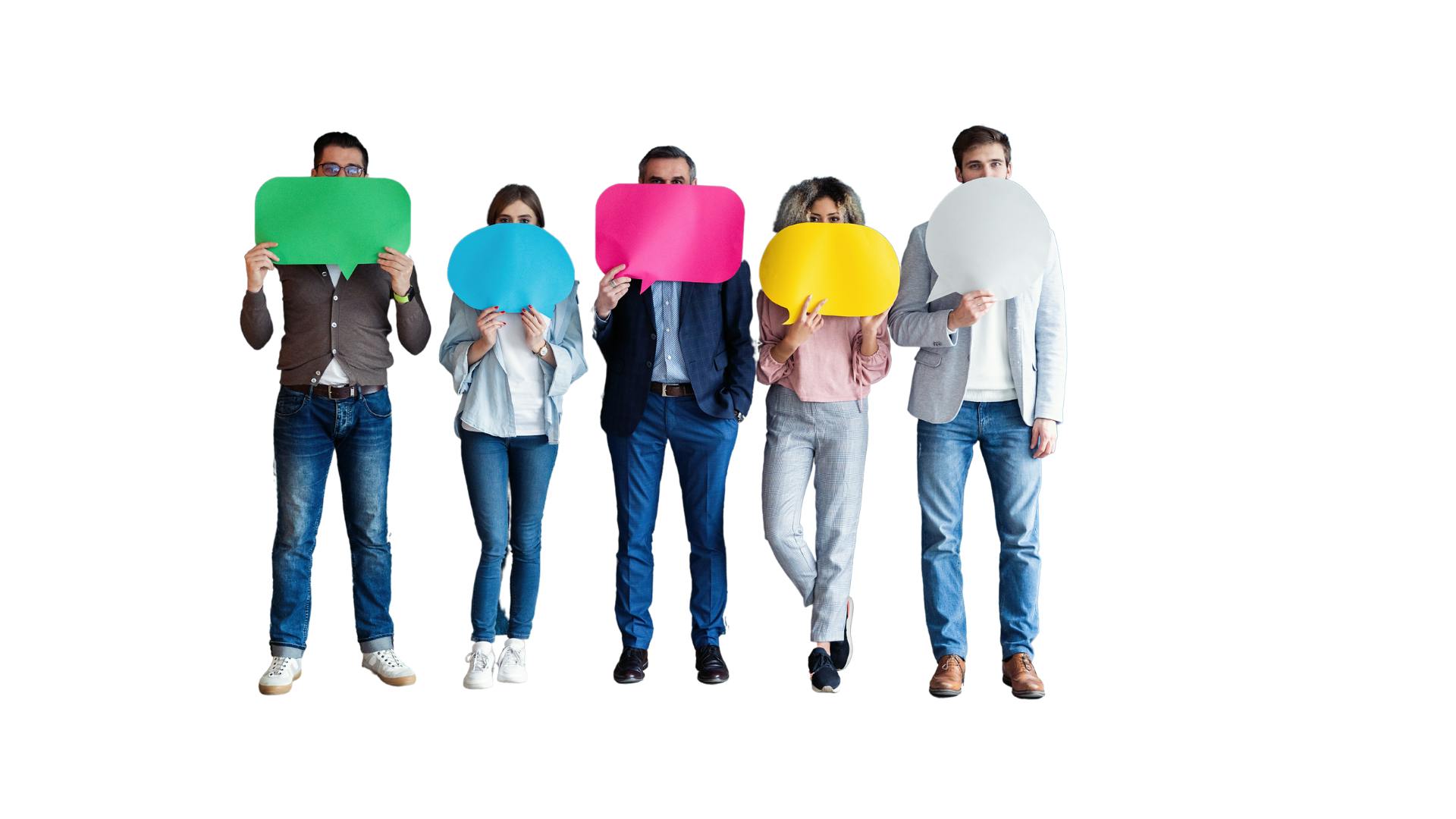 5 people standing in a line with their mouths covered by a piece of paper that looks like a speech bubble. It represents that some people cannot always use their voice and opinions even though they have something to say or share.