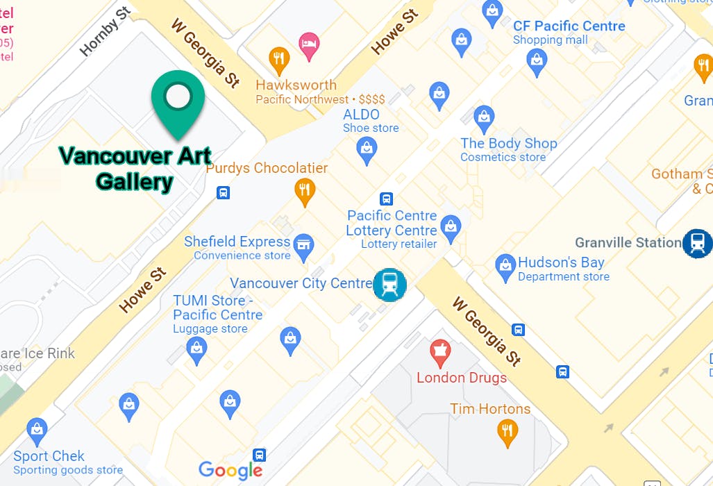 Map showing a pin at the Vancouver Art Gallery, where march is starting, and indicates the two nearest SkyTrain stations (Vancouver City Centre on the Canada Line and Granville on the Expo Line)