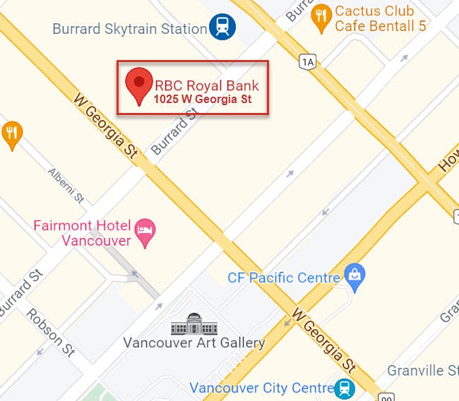 Map showing a pin at the RBC Royal Bank branch where strike is taking place and indicates the two nearest SkyTrain stations (Burrard on the Expo Line and Vancouver City Centre on the Canada Line)