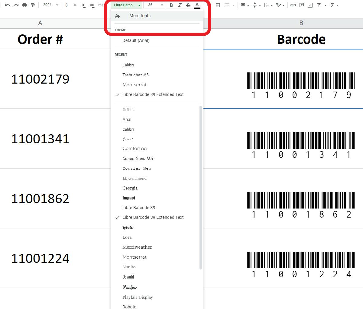 Steps to add Barcode Font in Google Sheets