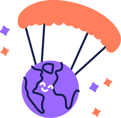 A stylized drawing of planet Earth with a smiling face using a parachute